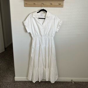 White Collared Button Front Midi Dress
